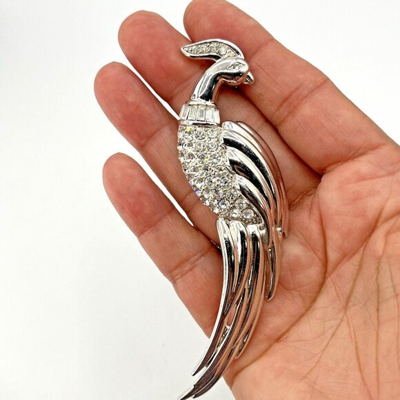 Vintage MONET Figural Bird of Paradise Baguette Rhinestone Silver Tone Brooch 4" - Picture 5 of 10